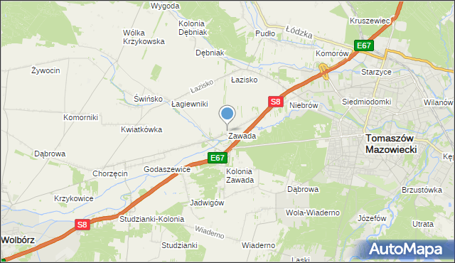 mapa Zawada, Zawada gmina Tomaszów Mazowiecki na mapie Targeo